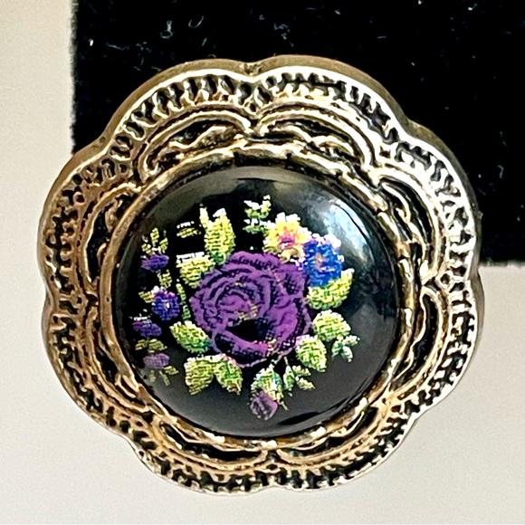 Vintage Floral Button Earrings Black Purple Rose Silver Tone Converted Studs EUC - Picture 7 of 9
